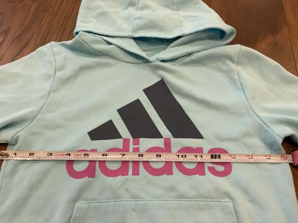 Adidas Girls Essential Hooded Pullover Fleece Sweatshirt Blue Pink Logo